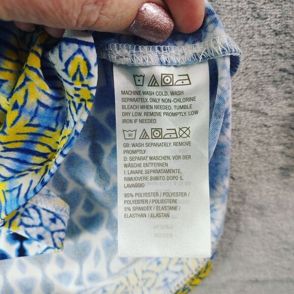 Susan Graver Womens‎ XL Asymmetrical Tunic Top Blue Yellow Patchwork Geometric - Picture 6 of 8